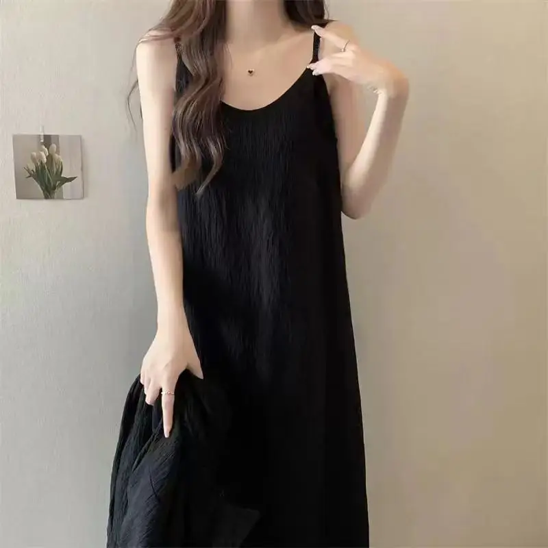 Summer High Street Black Mid Length Dress Korean Fashion Solid Vintage Backless Sexy Elegant Sleeveless All-match Slip Dress New