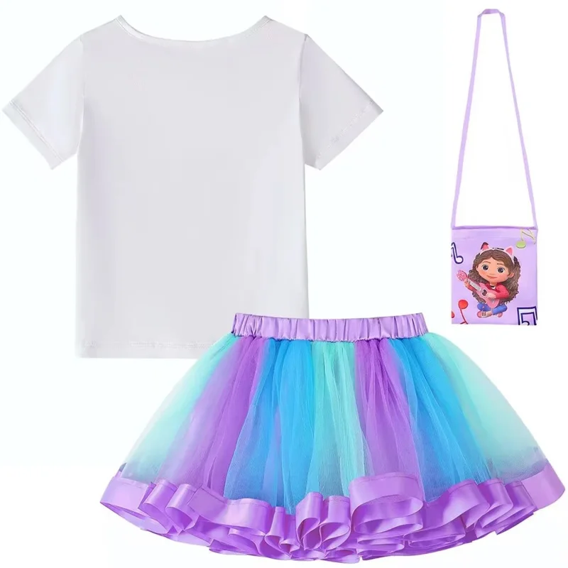 LZH Gabby Dollhouse Cosplay para meninas, roupas infantis, roupas infantis de Halloween, tops de carnaval, saia arco e bolsa, verão