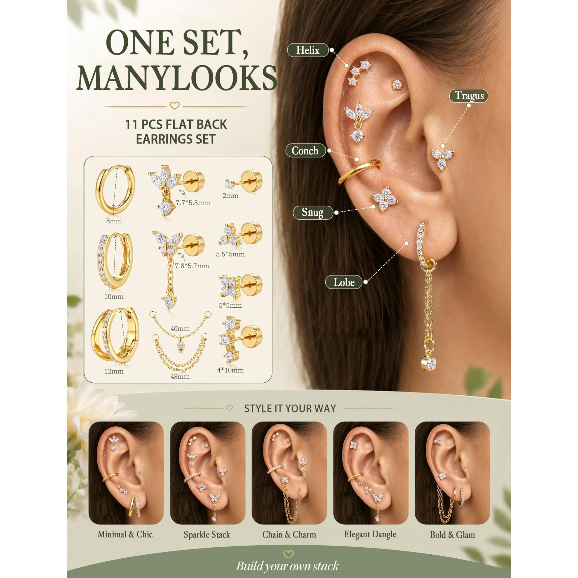 Bobisty 1Pc Flat Back Earrings for Women Stainless Steel Hoop Cartilage Piercing Helix Conch Tragus Hoop Stud Earrings Jewelry