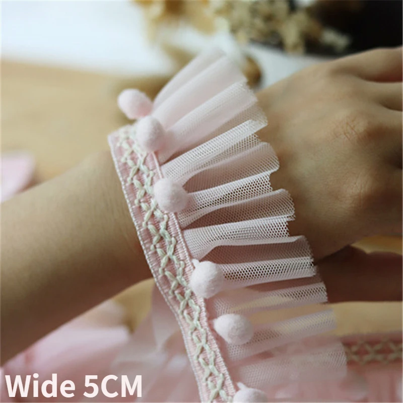 5CM Wide Double Layers Mesh Pleated Fabric 3d Lace Trim Princess Pink Pompom Fringe Ribbon Wedding Dress Sewing Guipure Decor