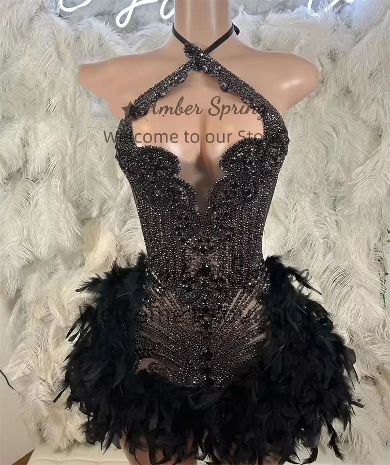 

Мини-черные коктейльные платья по индивидуальному заказу, перья, Холтер, кристаллы, богатые выпускные платья, платье для дня рождения, Vestido De Noche