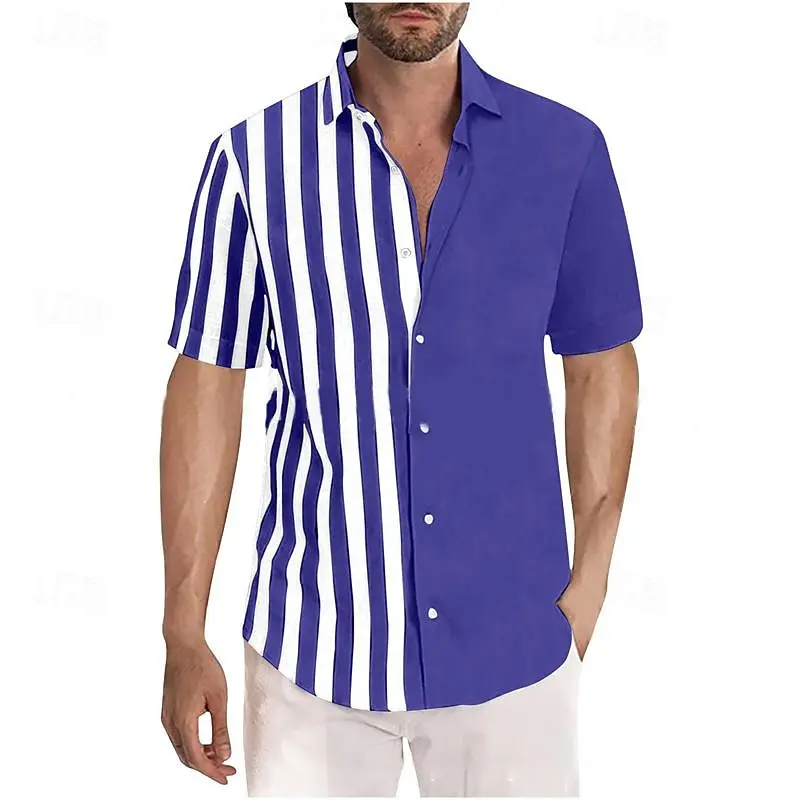 Men's shirts, comfortable spring and summer shirts, beach color block striped lapels, Hawaiian vacation patchwork clothing, fash