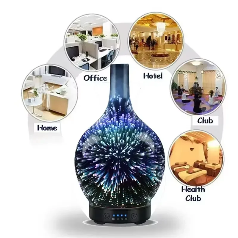 Fireworks 3D Air Humidifier Glass Aromatic Machines Ultrasonic Essential Oil Aroma Diffuser 4 Timing 7 LED Lights 100ml for Home