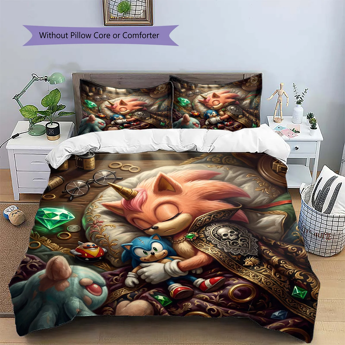 Sonic the Hedgehog Patterned Pillowcase & Duvet Cover Set 3-Piece Anime Bedding Decor Great Gift for Fans YUN6516