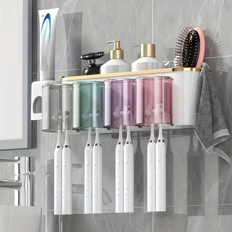 1 Set Multifunctional Toothbrush Rack and Mug Holder Wall Mounted Toothpaste and Mouthwash Storage with Toothpaste Squeezer