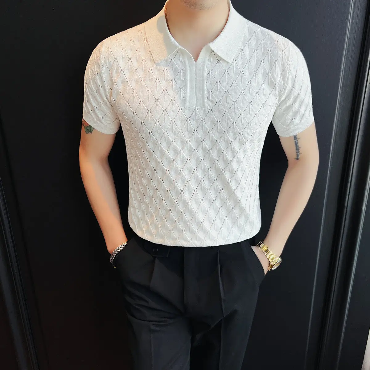 

summer Luxury ice silk polo shirts men's short sleeved lapel hollow knit business casual t-shirt Streetwear men clothing 2026