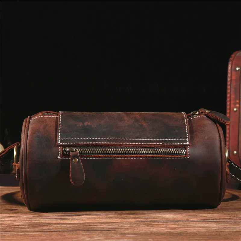 Imagem -05 - Bolsa de Balde Redondo de Couro Genuíno para Homens Cavalo Louco Retrô um Ombro Bolsa Tiracolo Masculina Bolsa de Couro Pequena na Moda