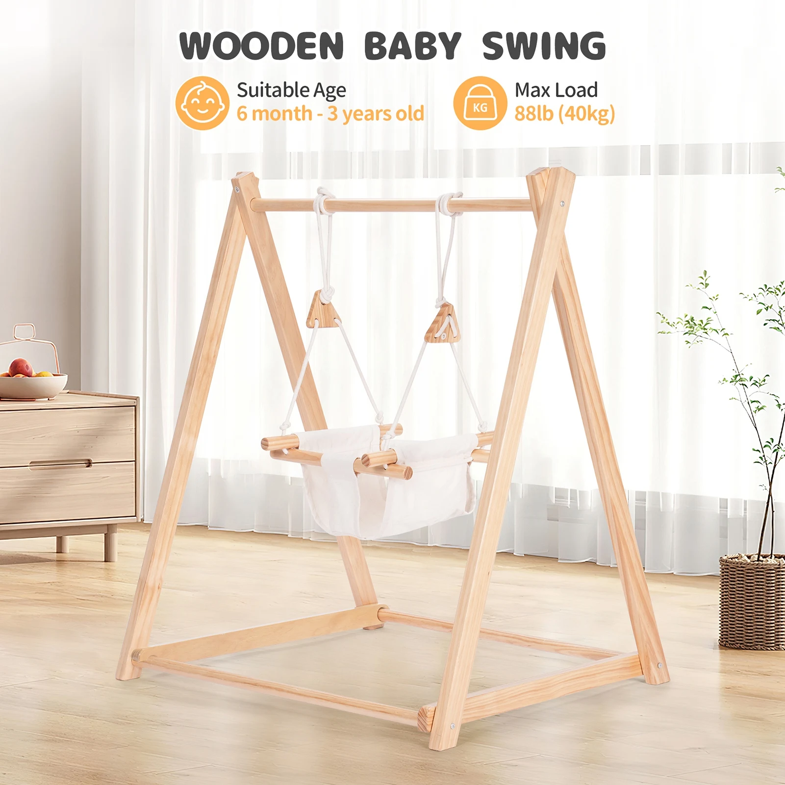 Balançoire pour tout-petits avec cadre en bois pliable et détachable, adaptée aux aire de jeux intérieure et extérieure et au parc