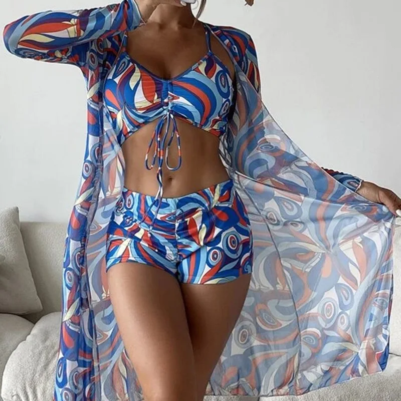 Damski 3-częściowy zestaw odzieży Split Bikini Mesh Długi luźny kardigan Cover Up Biustonosz Szorty Spodnie z nadrukiem