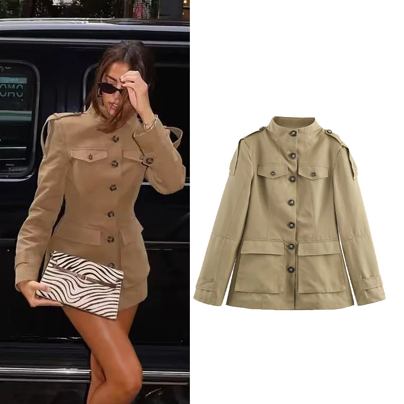 

Женская куртка с выступами на плечах, осеннее пальто с высоким воротом и длинными рукавами, карманами и пуговицами, модные женские пальто, женские шикарные топы