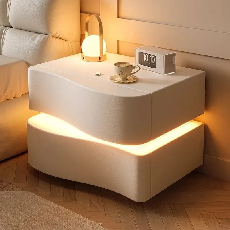 for Cream Wind Bedside Table with Lamp Double Drawer Large Capacity Storage Soft Atmosphere Light Design Touch Skin-friendly