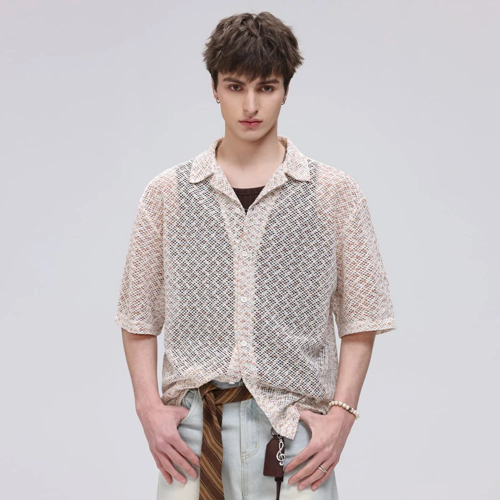 

Summer Streetwear Hollow Knitted Shirt Men Vintage Fashion Loose Casual Short Sleeve Beach Cardigan Shirts Vacation Blouses Tops