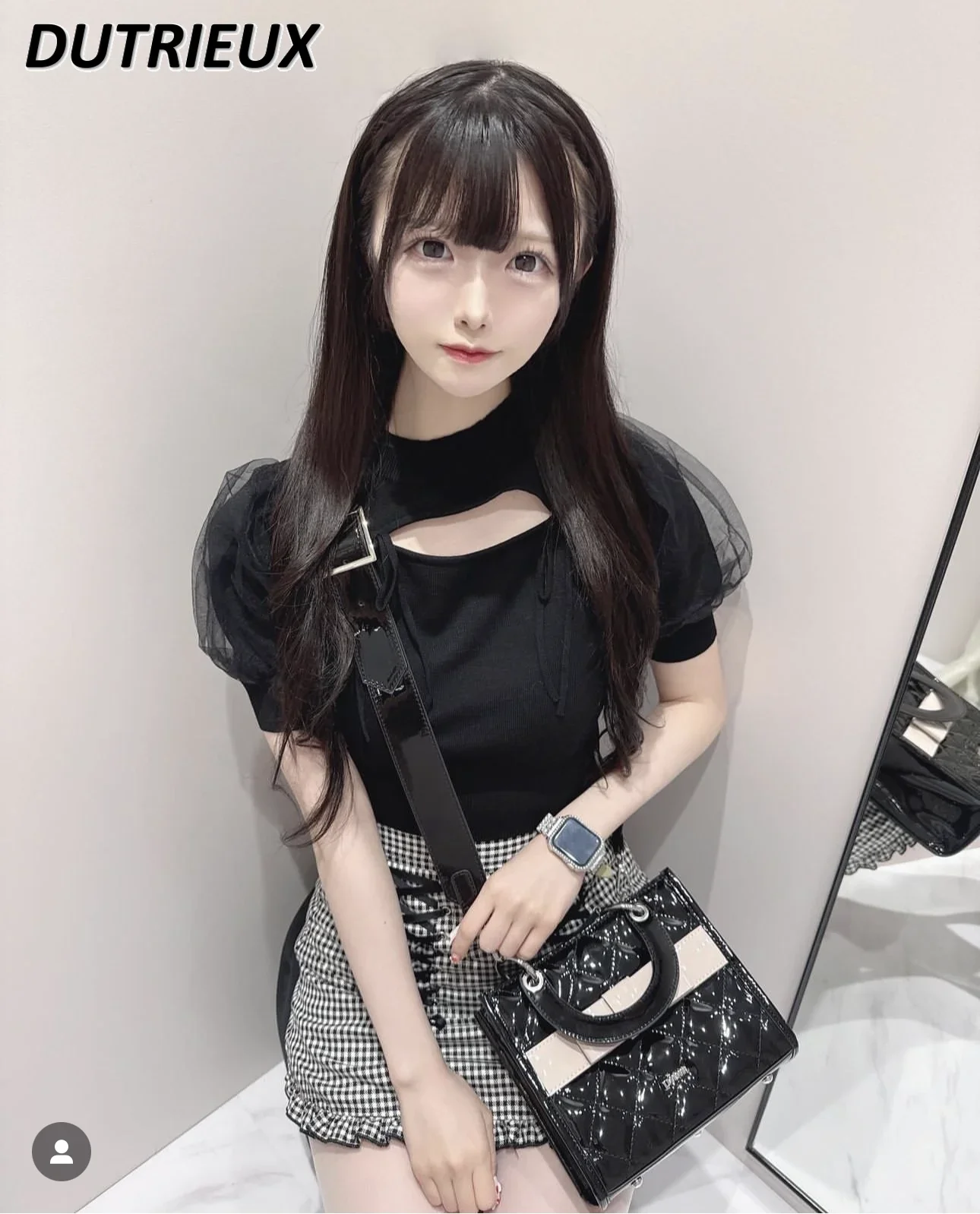 Japanese Sweet and Cute Solid Color Knitted Short-sleeved T-shirt Bow Round Neck Bubble Sleeve Thin Mesh Splicing Sweater