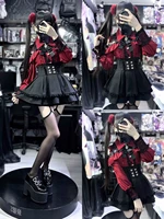Yami Kawaii Two-Piece Set - Lace Blouse & Mini Skirt Coord, Sexy Gothic Lolita Crop Top with Detachable Sleeves for Petite Girls