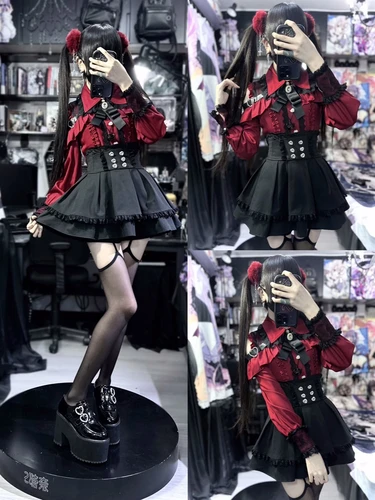 Conjunto de dos piezas Yami Kawaii: blusa de encaje y minifalda, top corto gótico sexy de lolita con mangas desmontables para niñas pequeñas