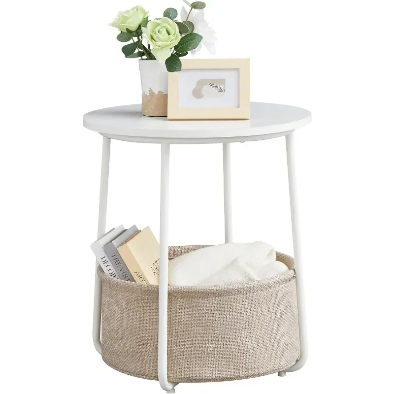 End Table, Small Bedside Table with Fabric Basket, Modern Nightstand, Round Side Table, for Living Room, Bedroom, Matte White