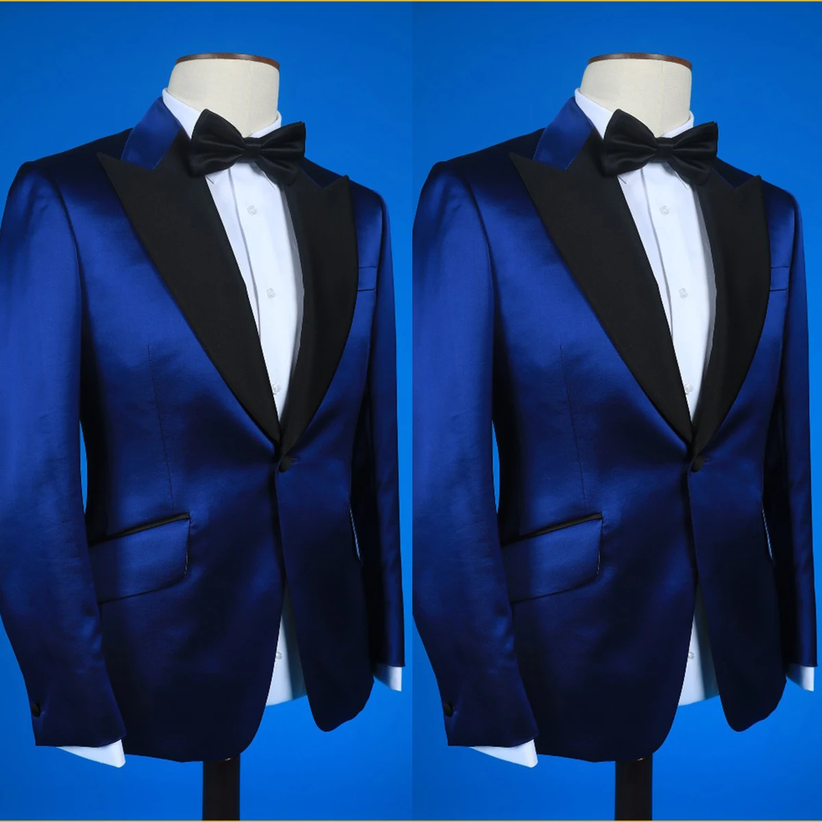 Satin Men Suits Tuxedo Peaked Lapel One Button Pockets Customized 2 Pieces Blazer Pants Tailored Party Fashion