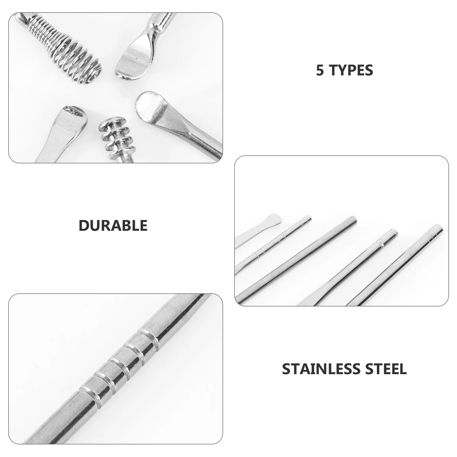 

5Pcs Ear Wax Picks Carbon Steel Double Ended Scoop Ear Curette Massager Wax Remover Cleaner Clinic Tool