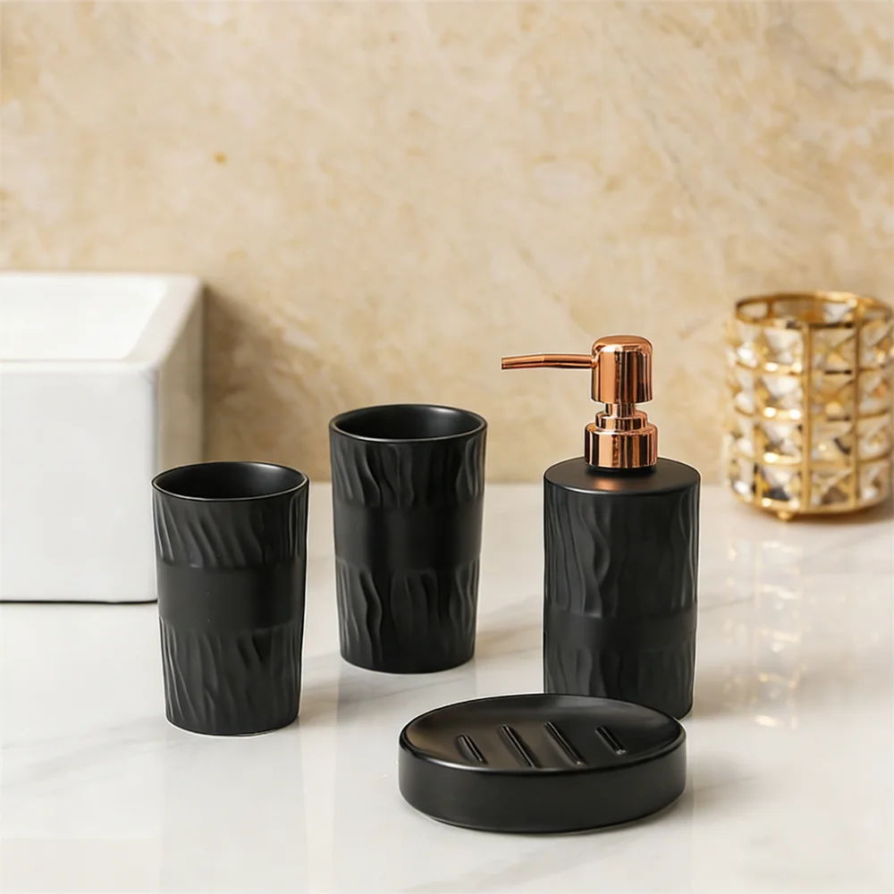 

4 Pcs Black Ceramic Creative Bathroom Accessories Set, Includes Soap Dispenser, Toothbrush Holder, Soap Dish, and Mouthwash Cup