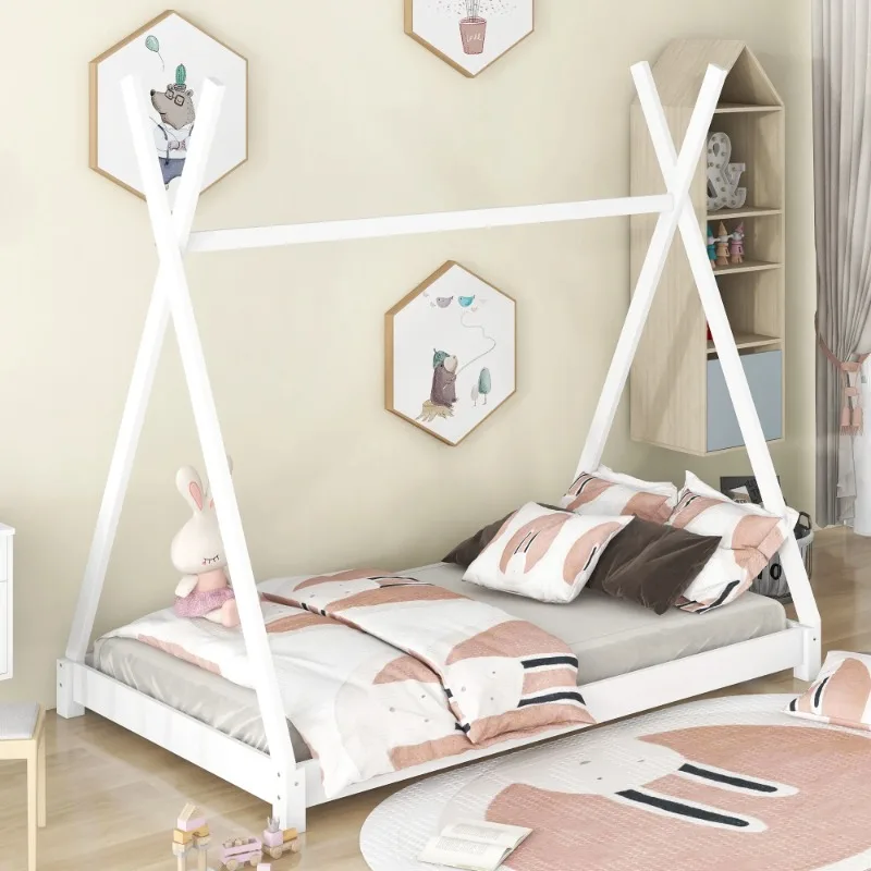 Wood Twin Size Platform Bed for Kids, Canopy Tent Bed for Living Room, White， bed frame ， bedroom furniture