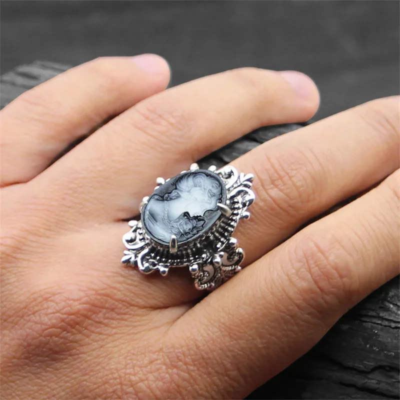 Vintage 6 Colors Lady Queen Cameo Rings For Women Antique Silver Plated Flower Plant Pink Cameo Ring Fashion Jewelry