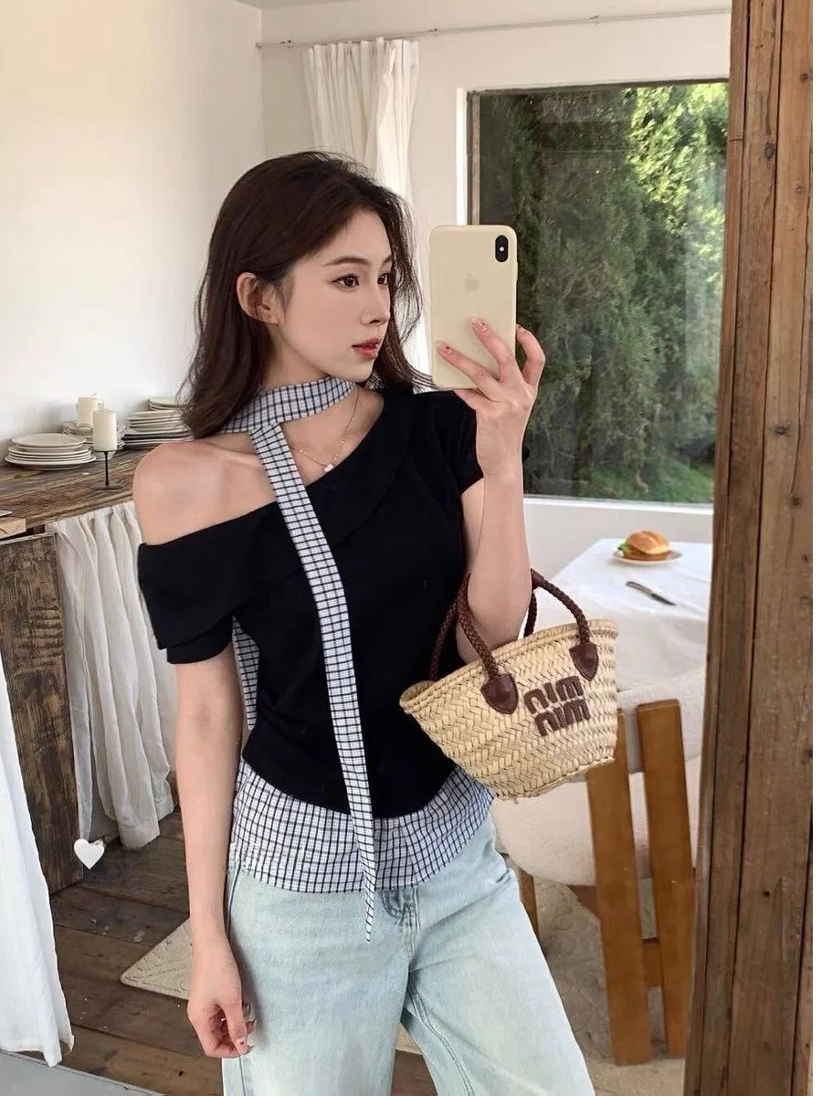 Chic Checkered Shoulder T-Shirt Women's Slim Fit Short Sleeve Waist Cinching Top Korean Style Commute Fashion Summer Ins