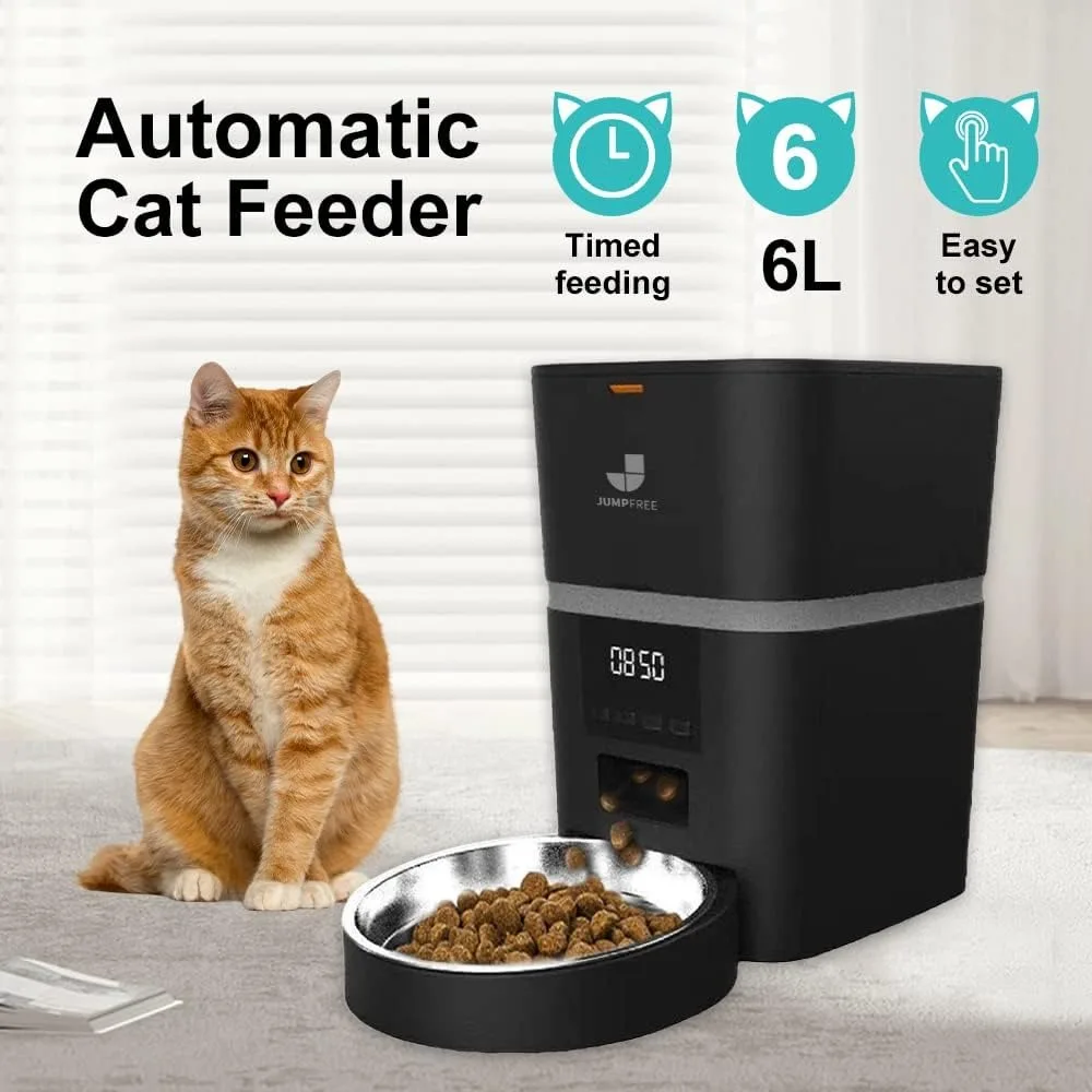 Automatic Cat Feeder,6 L Black Button Enabled Smart Dry Food Dispenser with Stainless Bowls,Detachable for Multiple Pets(25 Cup)