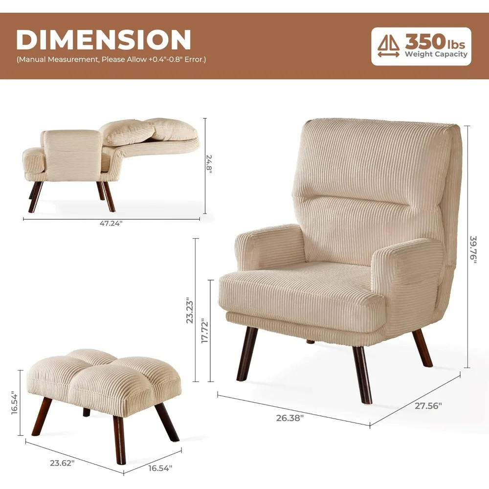 Reclining Chair with Ottoman, Accent Reading Chair with Footrest and Side Pocket, Modern Lounge Recliner