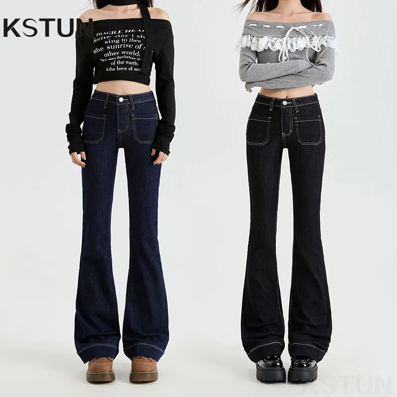 

KSTUN 2026, джинсы с высокой талией для женщин, модные эластичные джинсовые расклешенные брюки, черные повседневные женские брюки-клеш