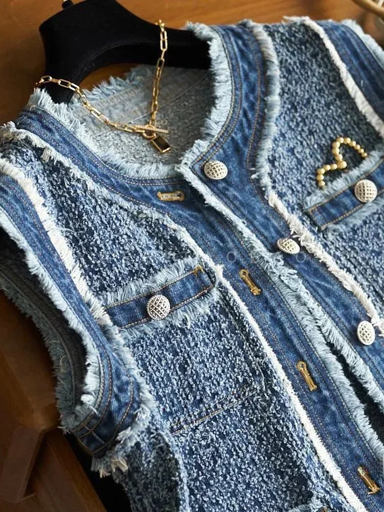 

Chic Embroidered Denim Vest Women's Spring Autumn Large Size Loose Casual Pocketed Top City Commute Daily Outdoor Fashion