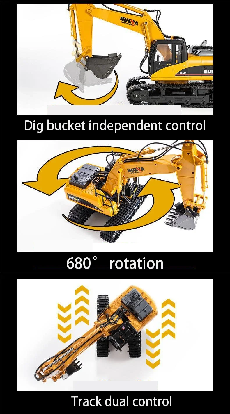 Huina 550HD 1:14 Alloy Remote Control Excavator 21CH Metal Digging Bucket Construction Vehicle 2.4G Wireless Large Excavator Toy