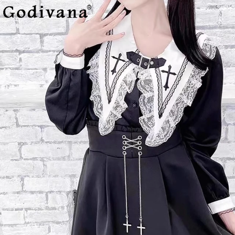 Japanese Classic Black Sweet Lace Long Sleeve Embroidery Shirt 2025 New Girls Cute Turn-down Collar Versatile Age-reducing Top