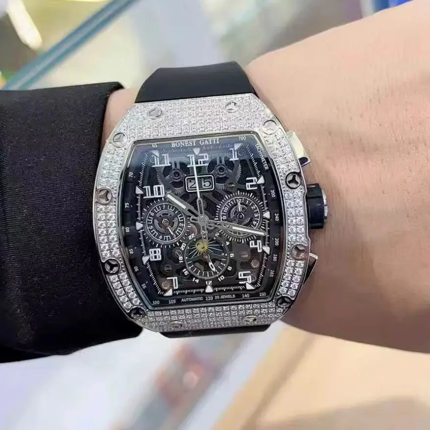 

BONEST GATTI Men Automatic Watch Tonneau Mechanical Wristwatch Sapphire Mirror Luminous Multi-Dial Month Week Date Crystal Case