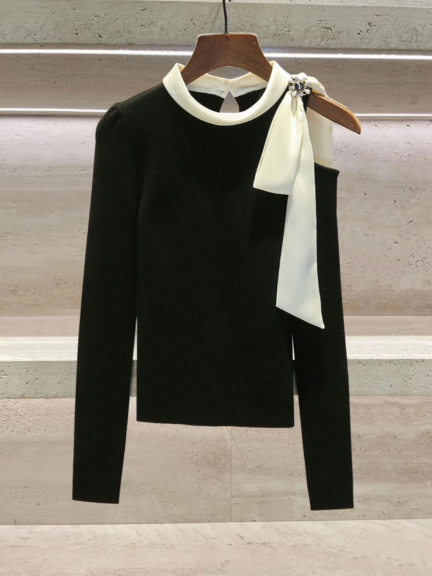 

Облегающий вязаный свитер с длинными рукавами и бантом на плече, в стиле колор-блок, базовый топ для осенне-зимнего сезона, модный женский вариант