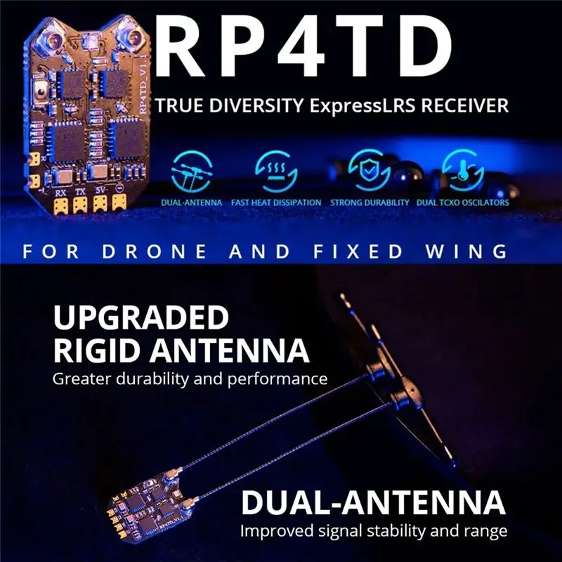 AS96-RP4TD Expresslrs 2.4Ghz Nano Receiver Built-In Dual TCXO 2X100mw 2.4G ELRS RX Module For FPV Long Range RC Drone