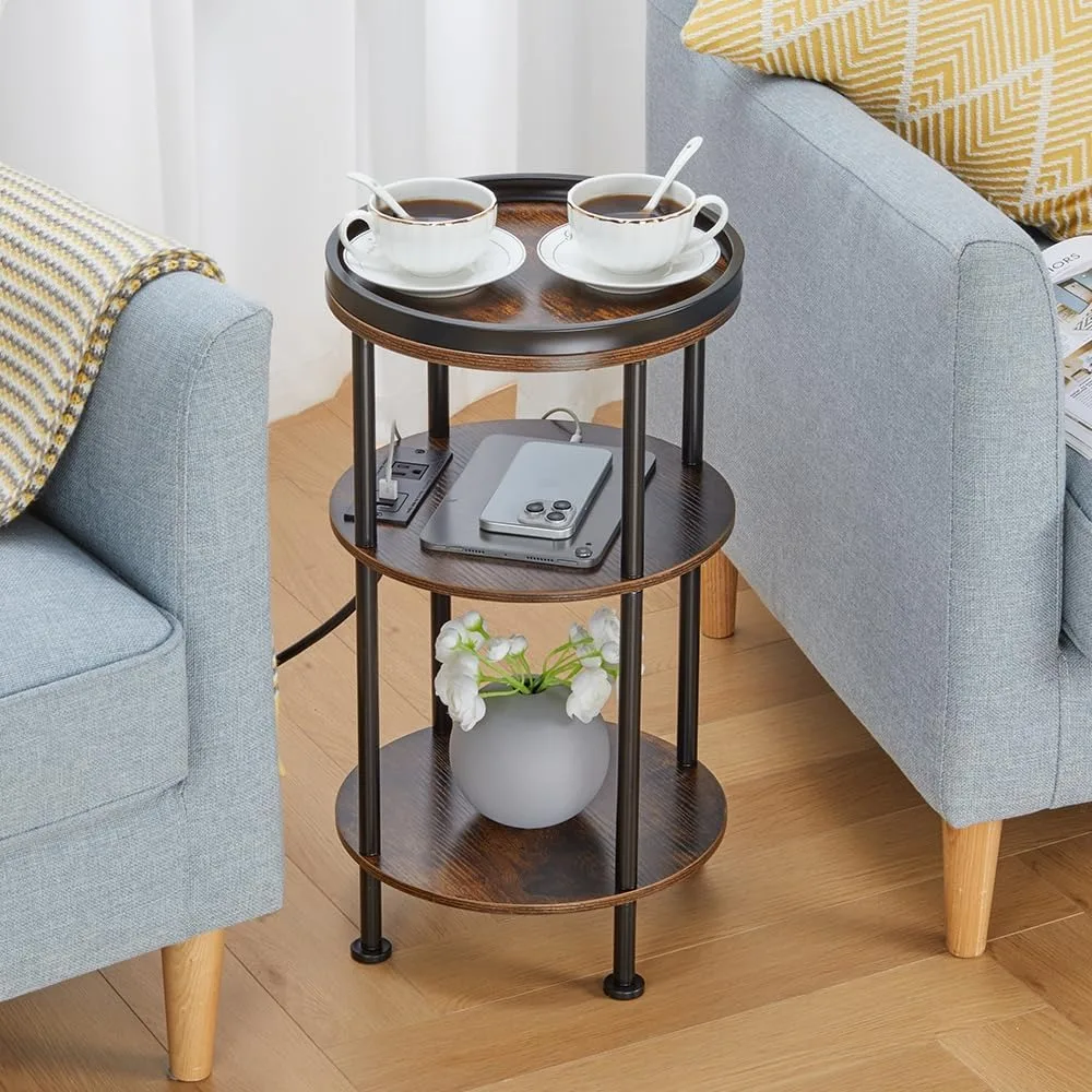 Small Round Side Table with Charging Station for Small Spaces, 3-Tier Round Accent Table with USB Ports & Power Outlets, Round C