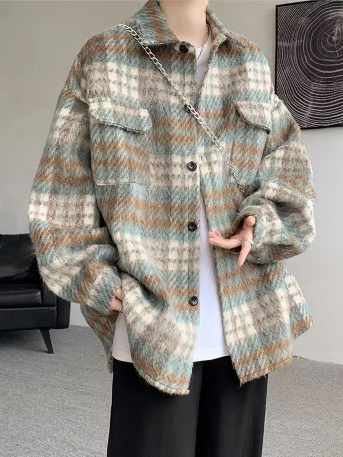 

Men's Plaid Woolen Jaet Casual Loose Fit Turn-down Collar Spring Autumn Faion Urban Sle Polyester Fiber Thiened Coat