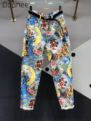 Color Printing  Dyeing Flower Jeans for Women 2024 Spring New Versatile High Waist Jeans Slimming Curling Tappered Harem Pants