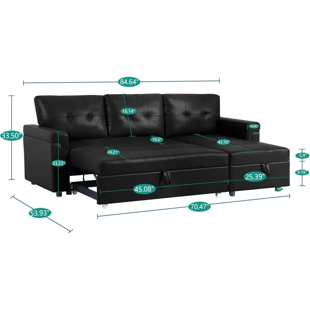 Sectional Sofa Sleeper with Storage Chaise Tufted Pull Out Couch with Storage L-Shaped Reversible Sleeper Sofa