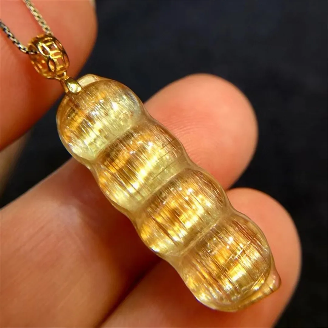 Natural Gold Rutilated Quartz Pendant Jewelry For Woman Man Wealthy Gift 18K Gold Rare Gemstone Crystal 28x9x7mm Beads AAAAA