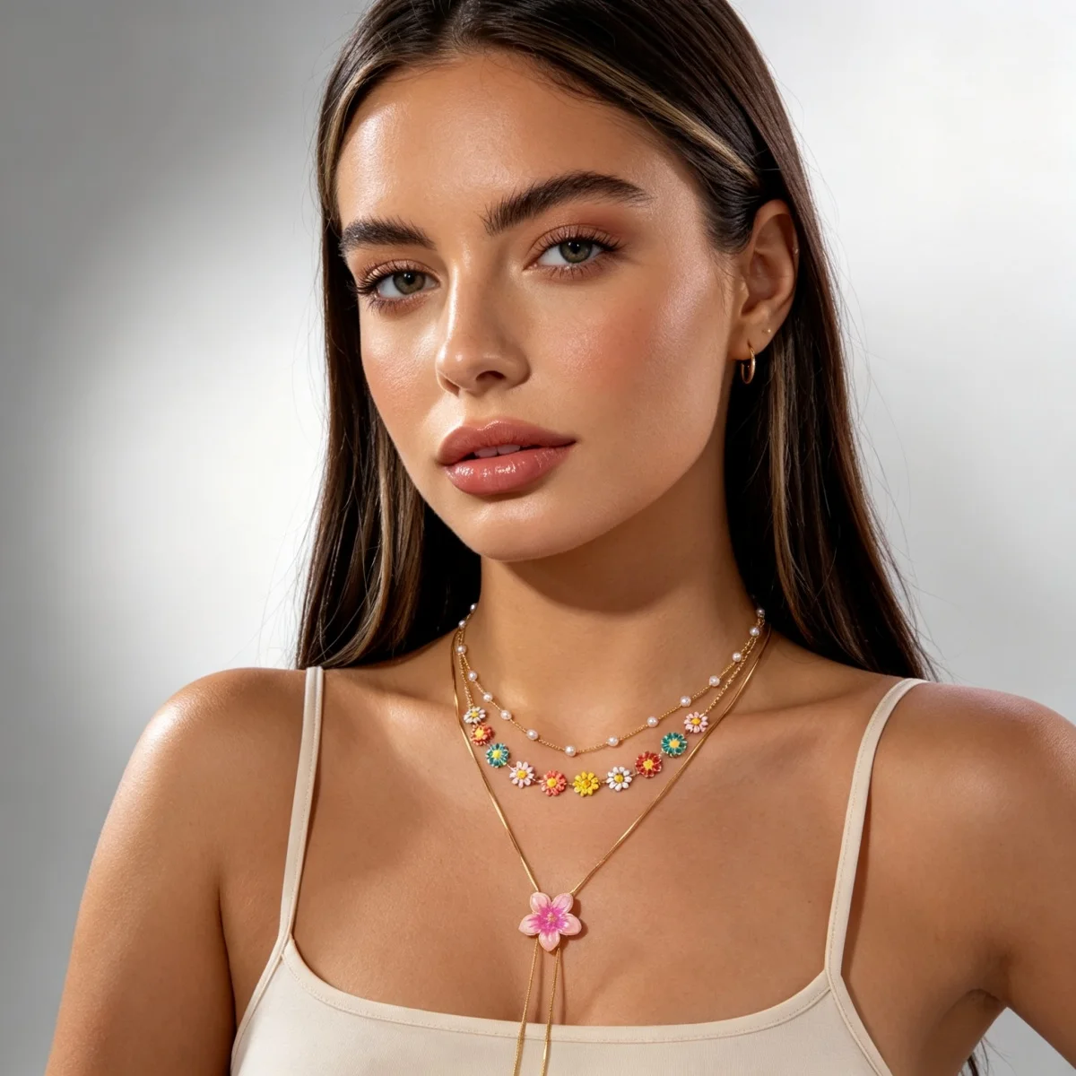 Süße, bunte Emaille-Halskette mit winzigen Gänseblümchen, Schlangenkette, Y-förmiger Quaste und simulierten Perlen für Damen, florales Choker-Schmuckstück – Detail 13