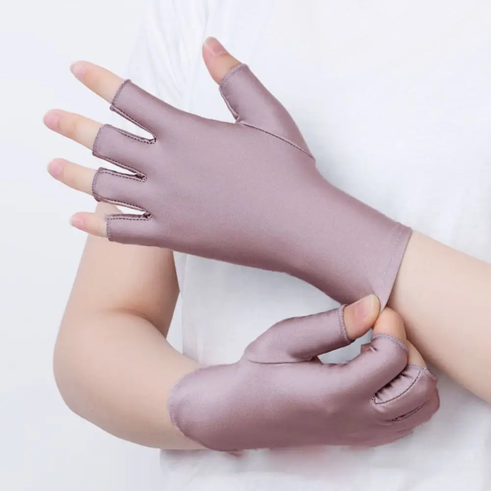 1 Pair Spandex Women Sun Protection Gloves Ice Silk Semi-finger Thin Ice Silk Gloves Solid Color Two Fingers Out