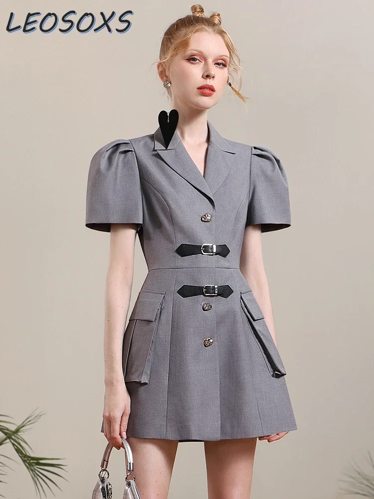 Senior Gray Suit Dress Summer and Autumn 2024 New Simple Elegant Commuting Puff Short Sleeve Slim Waist Slimming Dresses Ladies