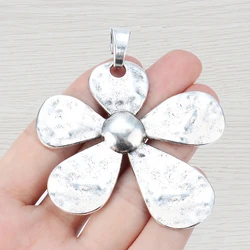 3 x Tibetan Silver Large Hammered Flower Charms Pendants For Plant Necklace Jewelry Making Findings 68x60mm