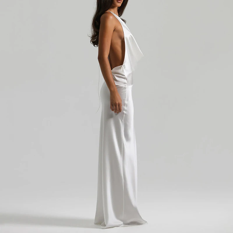 Fashion Hot Girl Solid Color Slim Dress Elegant Lady Backless Satin Party Long Dresses Sexy Swinging Collar Halter Evening Dress