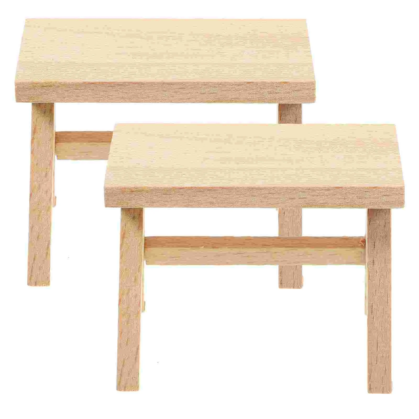 

2 Pcs House Mini Bench Model Table and Chair Furniture Ornaments Tiny Wooden Stool Miniature Creative