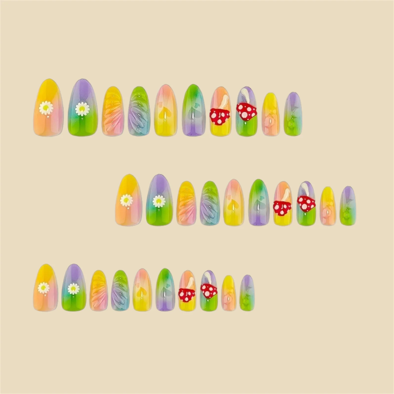 30pcs Embossed Mushroom Daisy Pattern Press On Nails Colorful Gradient False Nails for Women Girls DIY Manicure Art