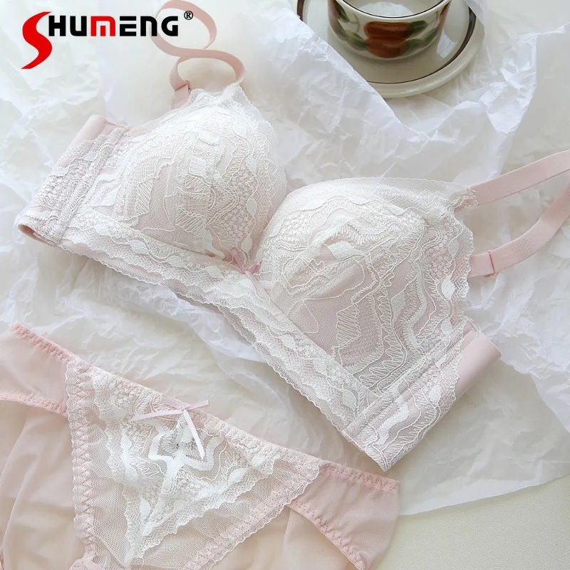 

Full Lace Sexy Small Chest Push Up Brief Sets Women Anti-Sagging Wireless Thickened Bra Suit Female Black Underwear Intimates