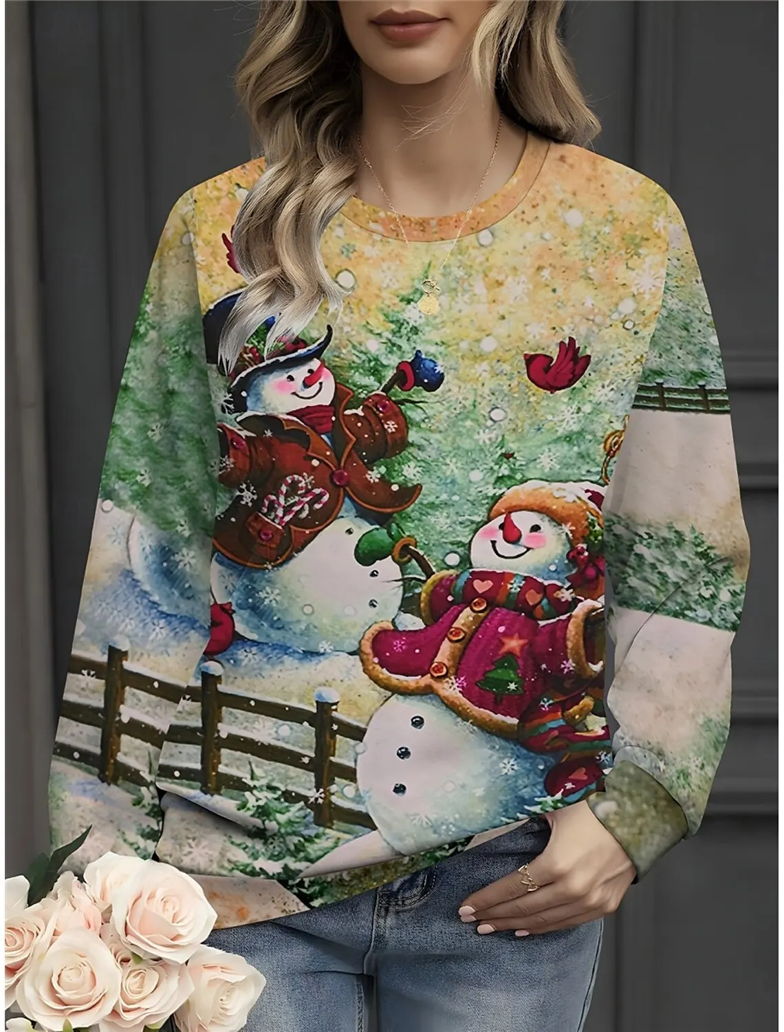 FashionableWomen\'s Elegant Christmas Hoodie Casual Loose Round Neck Long Sleeve Autumn/Winter Street Outdoor Christmas Tree 2024