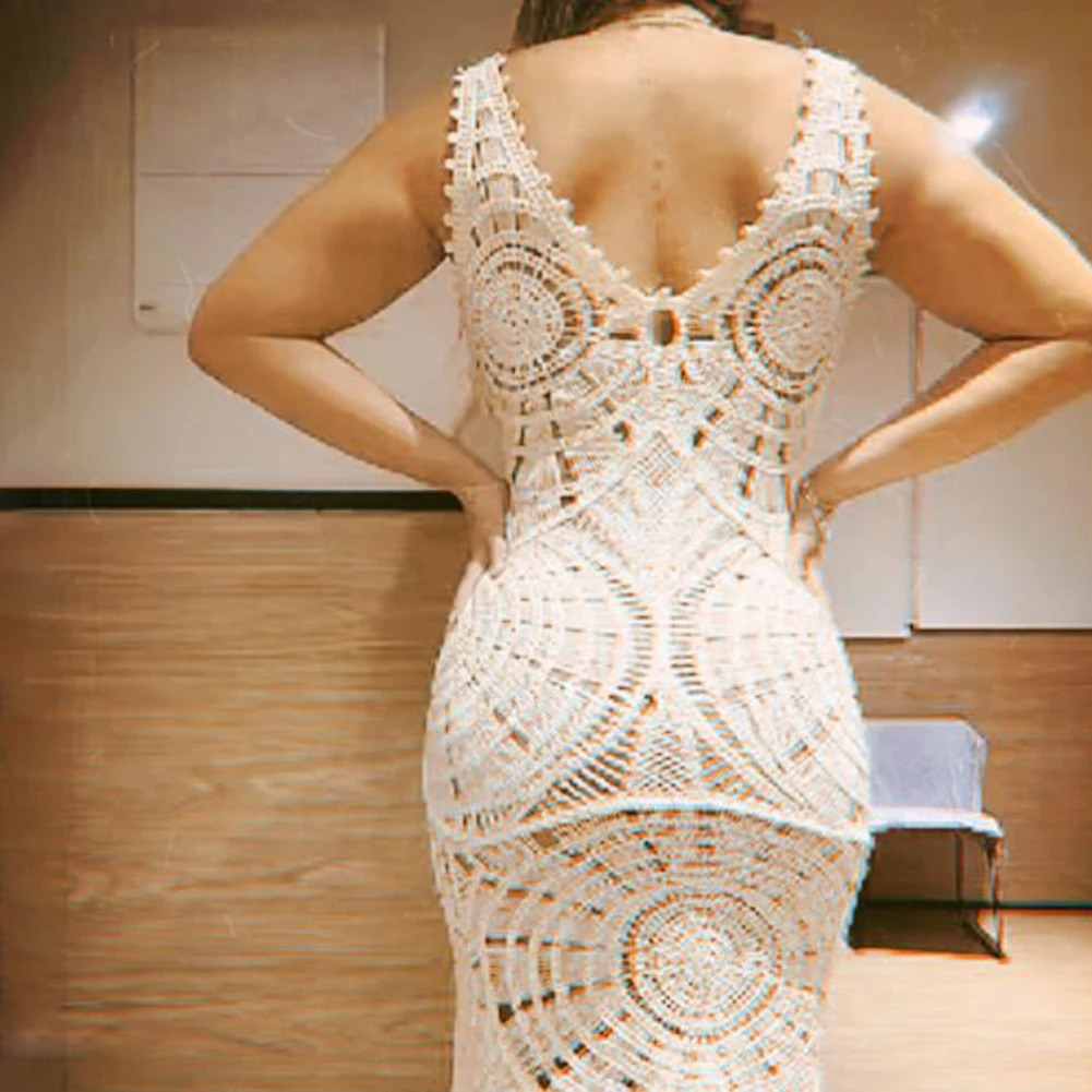 Knitted Beach Dress Women Holiday Outfits Sexy Hollow Out Sleeveless Slim Long Dress Summer Elegant Backless Maxi Dress